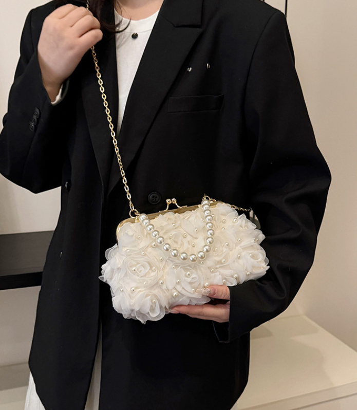 Sac à main de soirée en dentelle plissée en filet, sac à bandoulière en chaîne de perles de style coréen