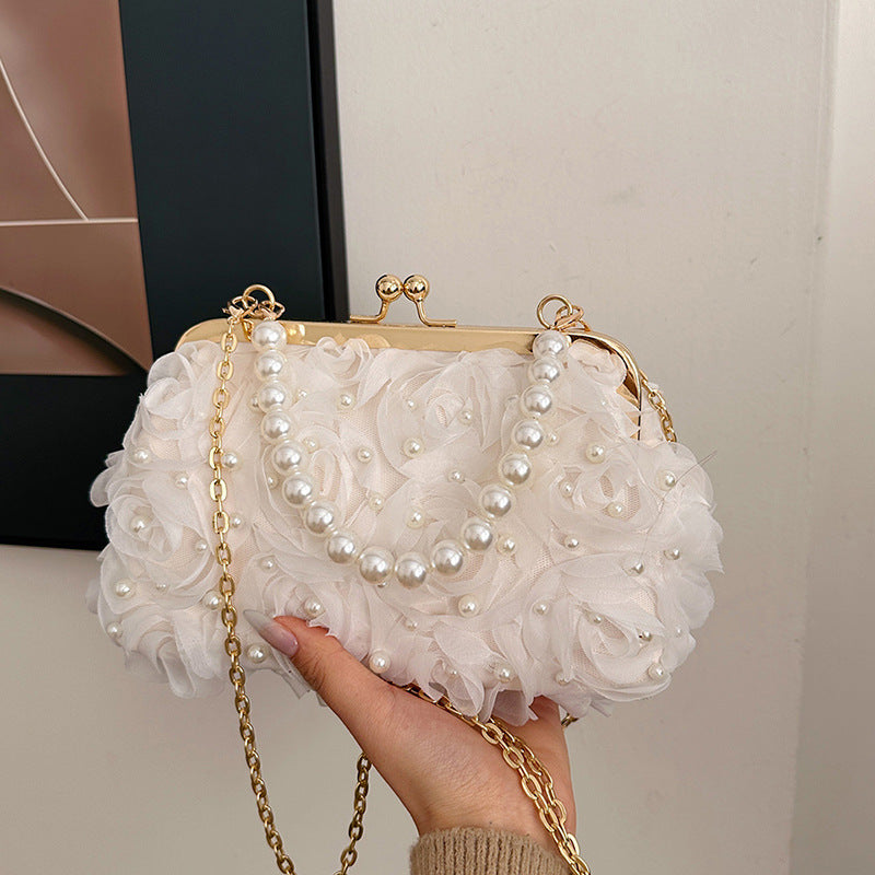 Net Lace Pleated Clutch Evening Handbag Korean Sweet Style Pearl Chain Crossbody Bag