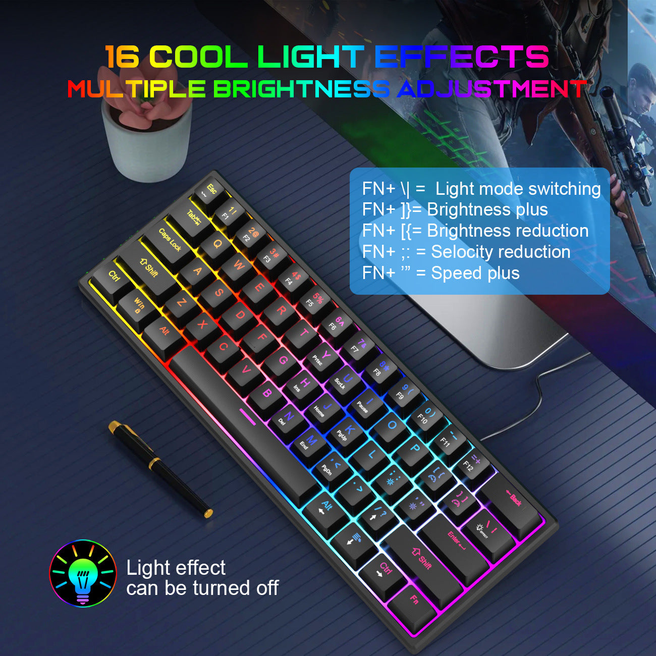 Clavier mécanique enfichable avec manche bleu et 61 touches, mini clavier mécanique portable filaire détachable pour l'e-sport