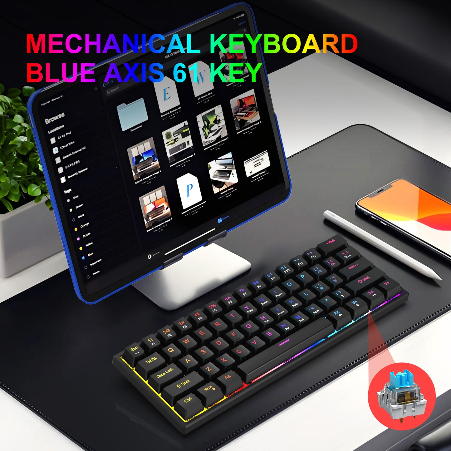 Clavier mécanique enfichable avec manche bleu et 61 touches, mini clavier mécanique portable filaire détachable pour l'e-sport