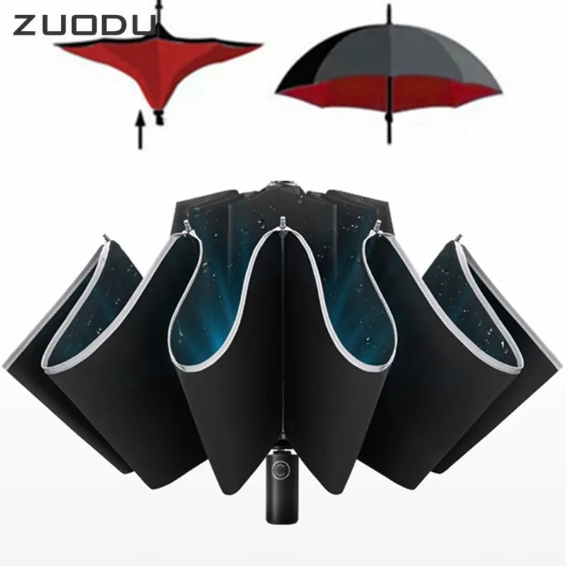 ZUODU Automatic Umbrella Men LED Windproof Reverse Folding Business Umbrella Rain Men Car Automatic Reverse Umbrellas Strong U5B