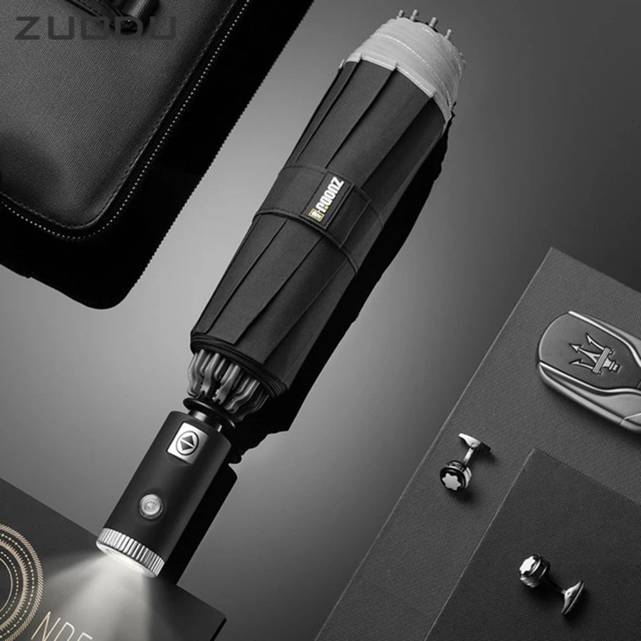 ZUODU Paraguas automático para hombre, con luz LED, resistente al viento, plegable, para negocios, lluvia, automático, para coche, resistente al agua, U5B 